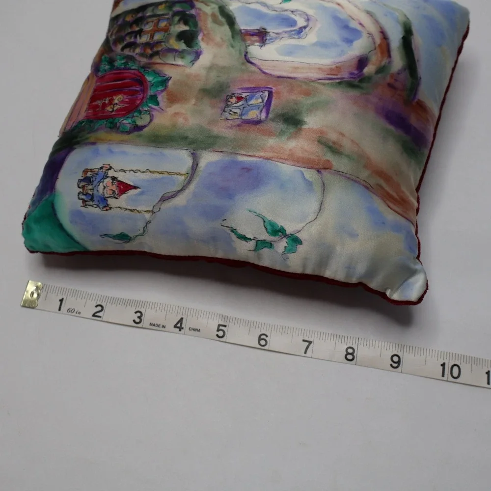 VTG 90s Hand Painted Silk Gnome Treehouse Small Pillow Red Velvet Back 9